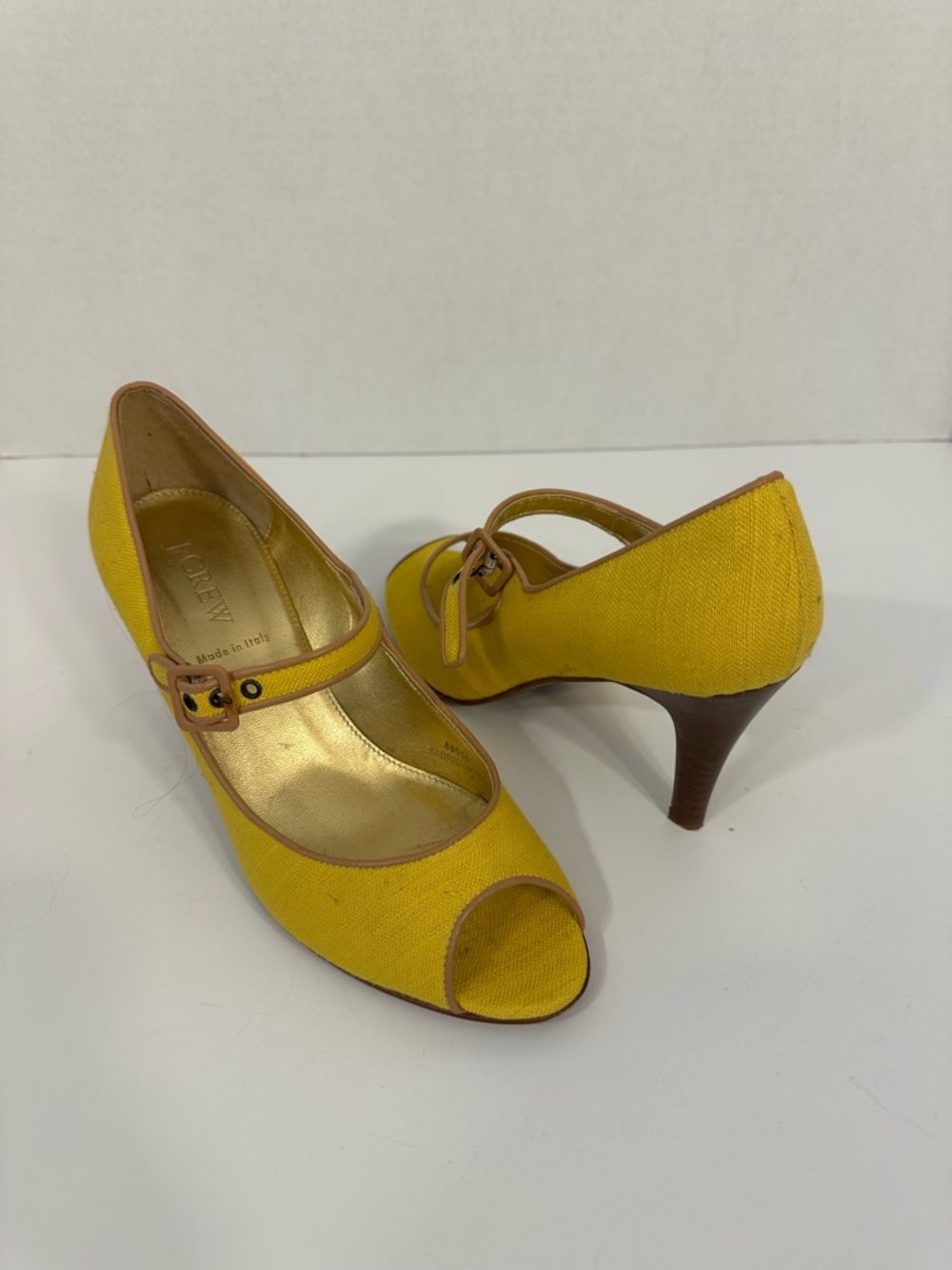 J. Crew Yellow Peep-Toe Mary Jane Heels with Brown Trim